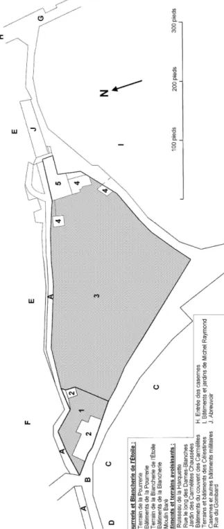 Fig. 3 – Plan simplifié des environs de la Pourrerie et de la Blanchisserie de l’Étoile 