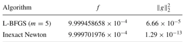 Table 1. Final objective value and final square norm of the gradient obtained by two optimization methods on the PENALTY3 problem.