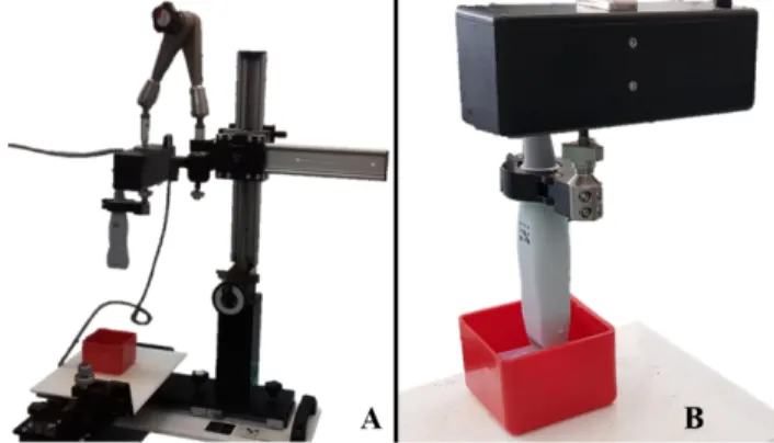 Fig. 1. Setup for intraoperative acquisitions: A. Mechanical positioning system holding the motor stage (black box) on which the MX550D was mounted