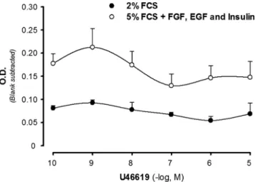 Fig. 4. Effect of the dual TP receptor antagonist and thromboxane synthase inhibitor EV-077 on the proliferation of human coronary artery smooth muscle cells induced by U46619, assessed by WST-1 reagent (see text)