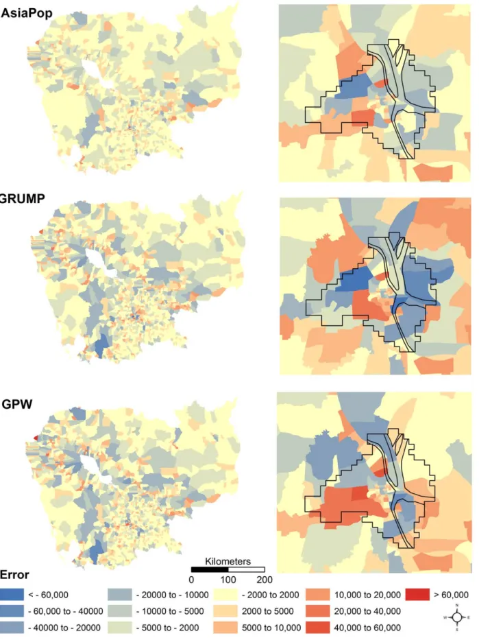 Figure 4. Errors mapped for population distribution datasets produced using the AsiaPop, GRUMP v1, and GPW v3 methodologies for a) Cambodia and b) Phnom Penh, Cambodia