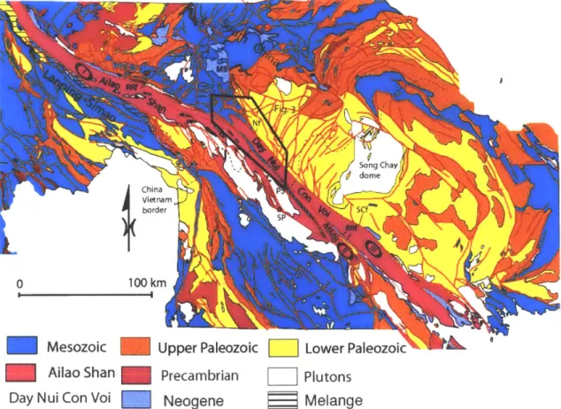 Figure 2:  Geologic  map  of the Ailao  Shan  and  Day Nui Con Voi.  The  metamorphic belts of mylonitic  granites  are  shown  to be discontinuous,  separated by  a zone  of younger,  unmetamorphosed  rocks