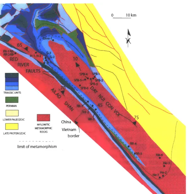 Figure 3:  Geologic  map showing  the  locations  of the samples  studied.  Those  within the pink  zones  are  considered  core  rocks,  while  those outside,  but within  the  dashed line  are considered  caraoace  rocks