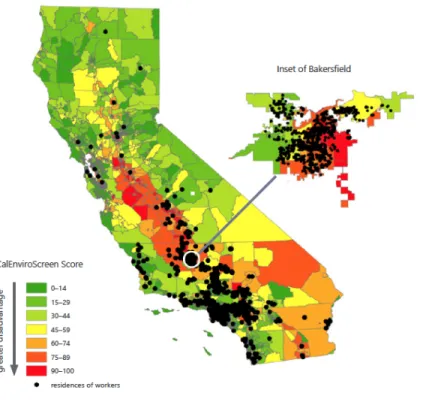 Figure 7: Map of Worker Residences with CalEnviroScreen 3.0 Scores for Kern County Solar Projects 