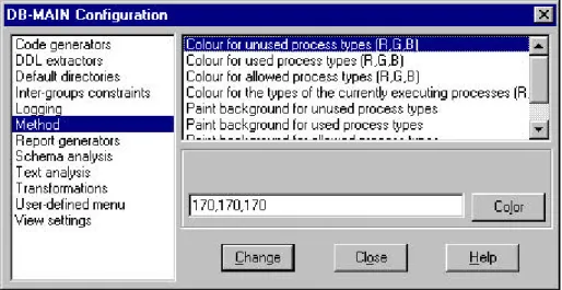 Figure 2.1 - The DB-MAIN configuration dialogue box for changing the colours used to draw the method.