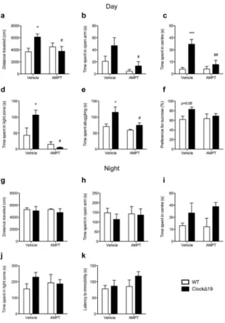 Figure 5. Daytime-specific tyrosine hydroxylase inhibition reverses manic-like behaviours ClockΔ19 mice and wild-type (WT) littermates received an intraperitoneal injection of either  0.9% saline (vehicle) or AMPT (100mg/kg) during the day (ZT 6-10) or nig