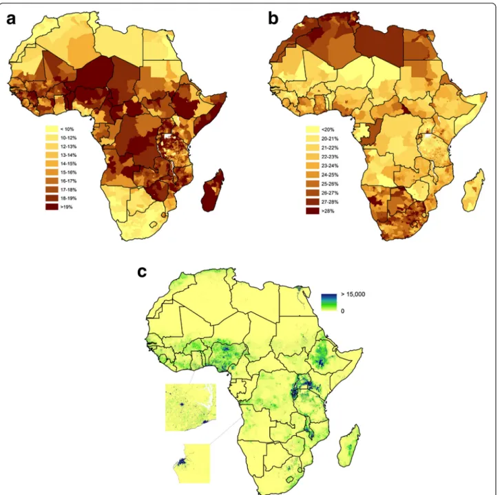 Figure 1 Spatial demographic datasets for mainland Africa and Madagascar. (a) The estimated proportion of children under 5 years old subnationally; (b) the estimated proportion of women of childbearing age subnationally; (c) the Africa-wide 1km spatial res