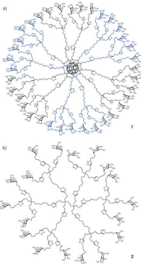 Fig. 1 (a) Glycodendrofullerene 1 with 36 mannoses; (b) glycodendrimer 2 with 18 mannoses prepared using a CuAAC click reaction.