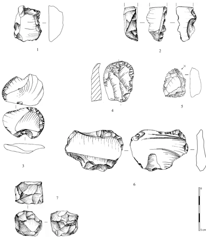 Fig. 8 – Outils sur éclats : denticulés (1, 2), grattoirs (3, 4), burin (5), éclat retouché (6), polyèdre (7)