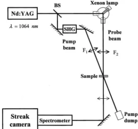 Fig. 1. Pump–probe experimental setup for pump wavelengths 532 and 1064 nm and probe wavelengths from 400 nm to 700 nm.
