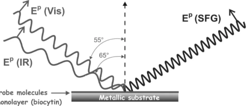 Figure 1 :  SFG Experimental configurations used for metallic substrates (A) and for CaF 2  (B)
