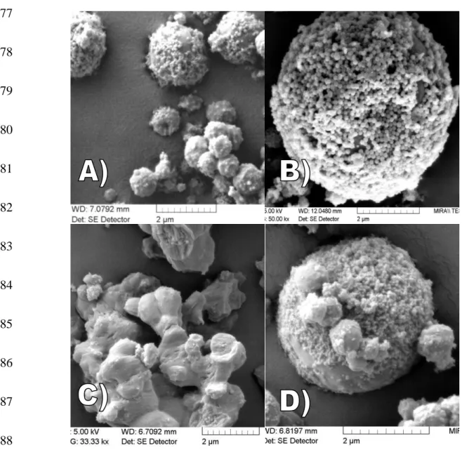 Figure  2:  SEM  micrographs  of  trojan  hybrid  SPION  loaded  microparticles:  A)  25P-75H-5F ,  B) 489 