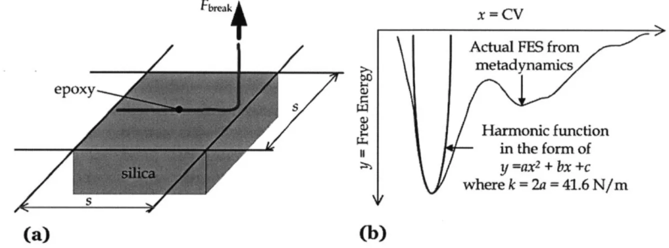 Fig  3.6  (a) The  derivation  of the  maximum  stress  in  the  traction-separation  relation  for the  epoxy- epoxy-silica  interface  by considering  the  tributary area  (s x  s) for a single epoxy chain, (b) the prediction of k by curve fitting from t