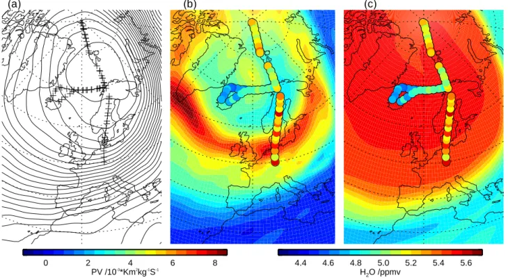 Fig. 10. ECMWF analyses for 12:00:00 UT on 9 March 2000: (a) Geopotential height on a 2 hPa surface with ten-minute averaged AMSOS observation points (crosses); (b) Potential vorticity on the 1475 K isentrope with AMSOS water vapour overlaid, represented b