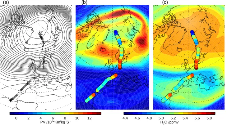 Fig. 11. ECMWF analyses for 12:00:00 UT on 6 February 1999: (a) Geopotential height on a 2 hPa surface with ten-minute averaged AMSOS observation points (crosse); (b) Potential vorticity on the 1475 K isentrope with AMSOS water vapour overlaid, represented