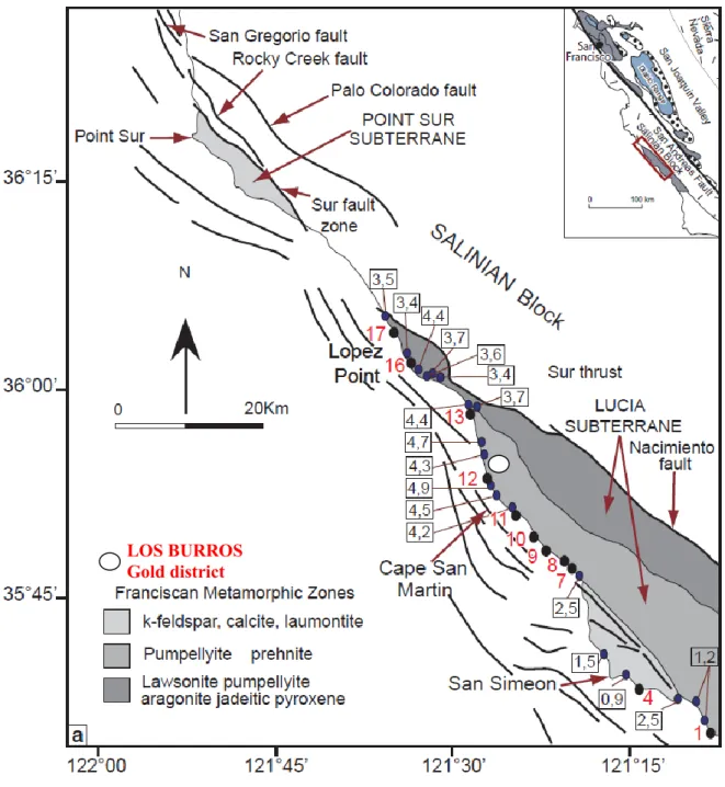 Figure 1. Simplified geologic map of central California coastline. Boxed numbers are values of mean random vitrinite reflectance for  the Lucia subterrane (after Underwood et al