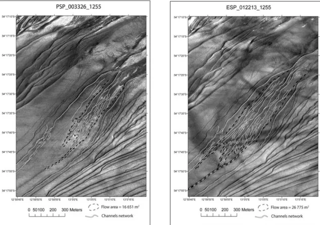 Figure 1: Increasing of the defrosting area (+ 10 124 m2) associated with creation of new braided and sinuous channels  between PSP_003326_1255 (left image) in the first year and ESP_012213_1255 (right image) in the second year