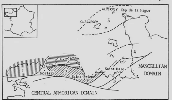 Fig.  1.  Sketch map of the Domnonean domain.  The different massifs  or core-areas  of Precambrian age are separated  by Hercynian ‘mobile belts’