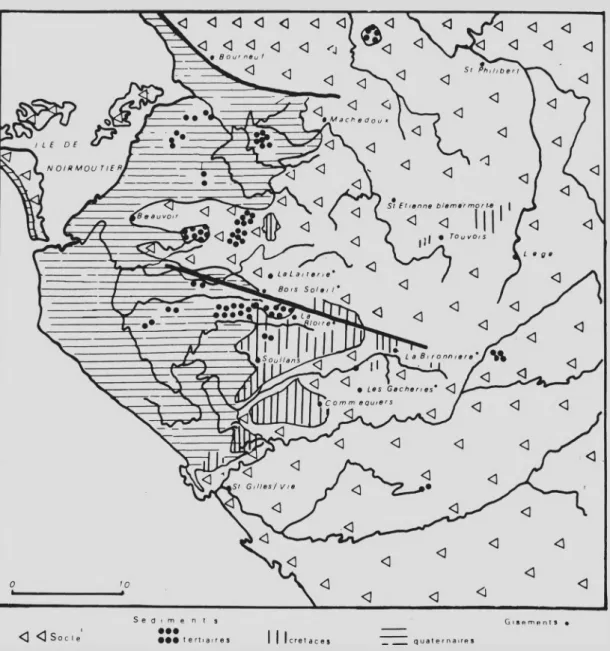Fig.  3.— Carte  géologique  simplifiée et  situation  des gisements  de  Vendée  occidentale.