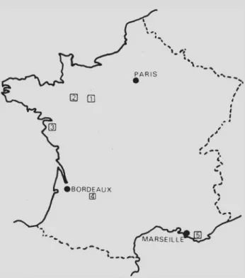 Fig.  L — Situation générale  des gisements  :  1,  Ecommoy  ;  2, Neau et  Laval  ;  3,  Vendée  occidentale  (La  Bironnière  