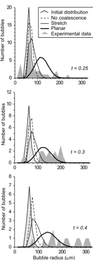 Figure 4: Comparison between numerical runs and experimental data from [1]. The initial distributions are shown in light gray and correspond to sample P P E4 and to the initial conditions of the runs