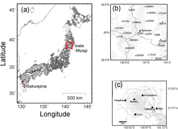 Figure 1    Maps of the study areas for three different data sets of observed seismic velocity  changes