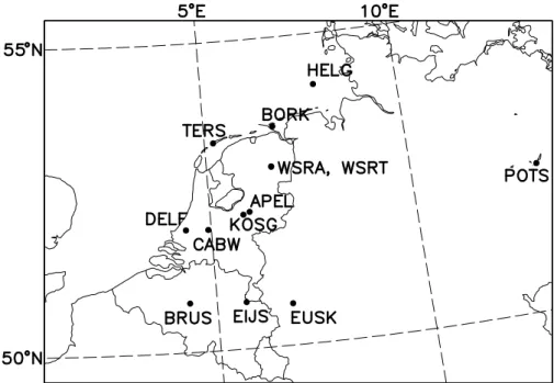 Fig. 1. The H IRLAM NWP model domain used in the run with grid spacing of 2.8 km. The GPS receiver station locations are marked with dots.