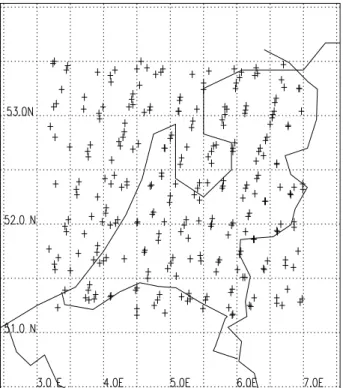 Fig. 5. Position of the centre of the GOME pixels above the Netherlands used in this section for the months of August 1997 (87 pixels), August 1998 (92 pixels) and August 1999 (102 pixels).