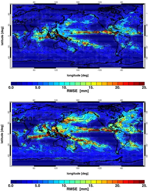 Fig. 9. RMSE for precipitation between the model and the ERA-40 data in October 1999. The top plot is with and the bottom plot without nudging.