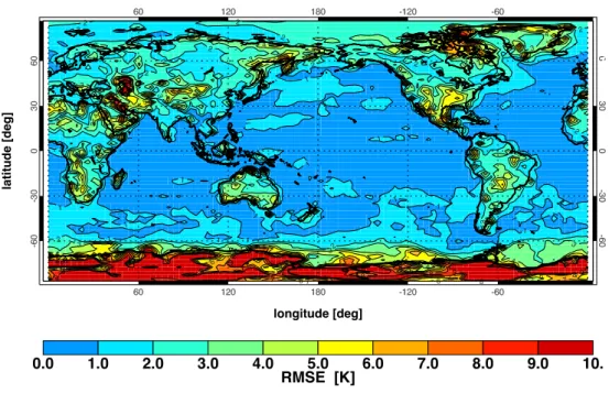 Fig. 3. RMSE in θ between the model, with nudging, and the ERA-40 data for the lowest UM hybrid height level in July 2000.