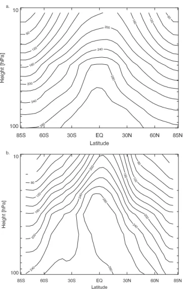 Fig. 3. Annual mean N 2 O from (a) the Oslo CTM2 and (b) the UARS Reference Atmosphere Project climatology.