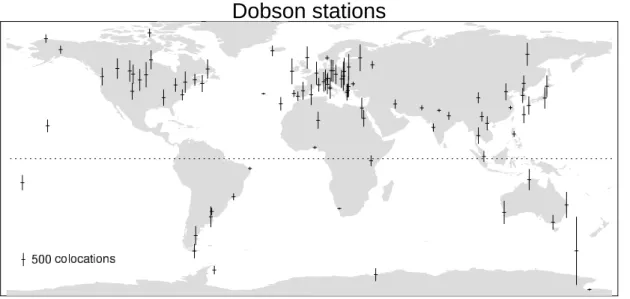 Fig. 1. Location of used Dobson stations. The vertical length of the cross indicates the number of the coincidences with the GOMEFURM dataset.