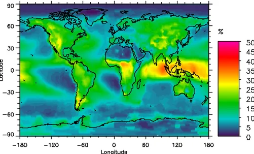 Fig. 1. Global map of average cirrus cover based on ISCCP VIS/IR data for the period 1984–