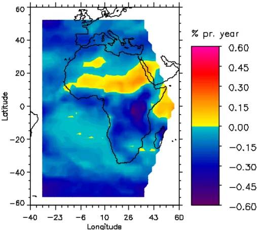 Fig. 5. Changes in high clouds from ISCCP IR in part of the METEOSAT region, based on di ff erences between the two periods 1992–1999 and 1984–1991 (in % cloud cover per year).