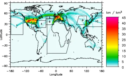 Fig. 8. Global map of distance flown with aircraft (km flown/km 3 voulme) at altitude layer 17–19 (9760–11 590 m altitude)