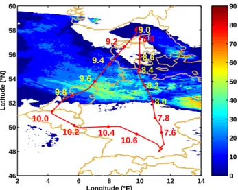 Fig. 1. MODIS cloud optical depth map for 19 March 2003, at 10:50 UT. The red line indicates the Falcon flight track with  approx-imate times (UT)
