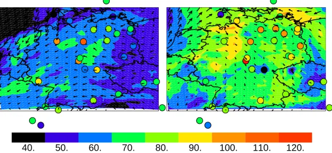 Fig. 13. Near surface ozone concentrations in ppb v as simulated by the REMO 1/6 ◦ model for 23 July (left) and 26 (right panel) at 15:00 UTC, respectively