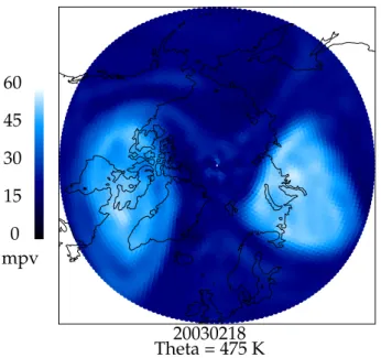 Fig. 4. The splitting of the vortex on 18 February 2003. Modified potential vorticity MPV in units of PVU at θ=475 K from ECMWF analyses.