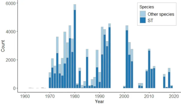 Figure 3.2 : Number of fish recorded in the long-term monitoring database by species and per year.