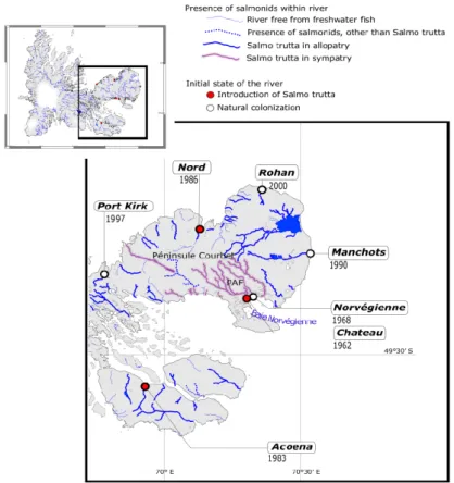 Figure 3.5 : Zoomed map of the studied rivers in the Kerguelen Islands.