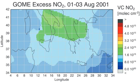 Fig. 8a. Averaged GOME measurements of tropospheric NO 2 amounts in the time period of 1 to 3 August 2001 analysed for the Mediter- Mediter-ranean region during the MINOS campaign.