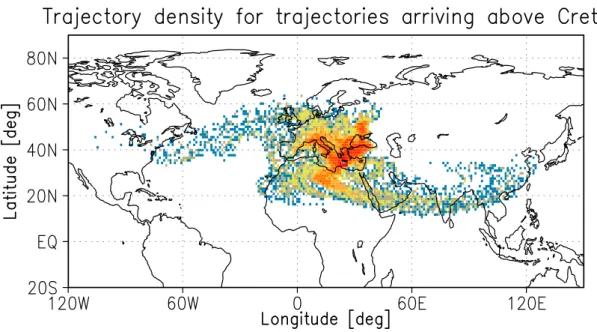 Fig. 9. Trajectory density for trajectories arriving at Crete between 1 and 3 August 2001