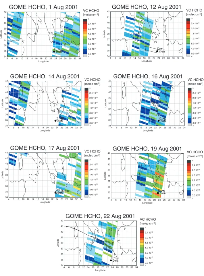 Fig. 1b. Vertical tropospheric columns of HCHO derived from GOME measurements and Falcon flight tracks on the days of overflights of GOME during the MINOS campaign.