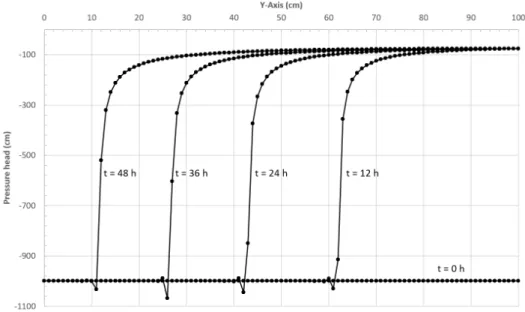 Figure IV.9 – Pressure head along the vertical for Polmann’s test-case with the mesh M100.