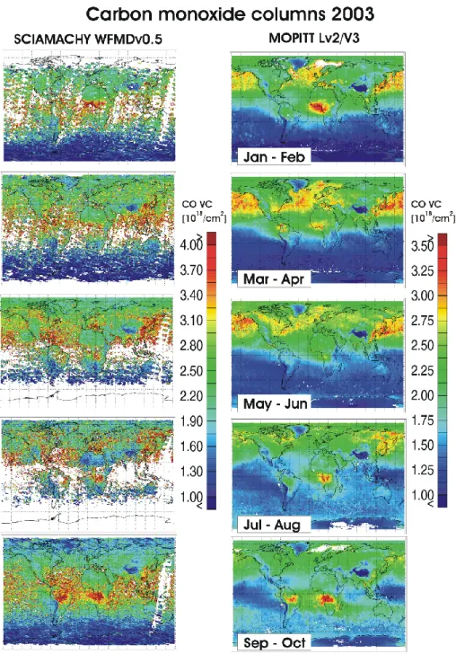 Fig. 4. Comparison of year 2003 bi-monthly averages of SCIAMACHY/WFM-DOAS version 0.5 CO (left) with MOPITT (right).