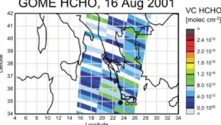 Fig. 1. (b) Vertical tropospheric columns of HCHO along a Falcon track on the days of over- over-flights of GOME during the MINOS campaign.