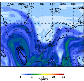 Fig. 5. ECMWF WVMR map at the 340 K isentropic surface on 24 February 2004, 18:00 UTC