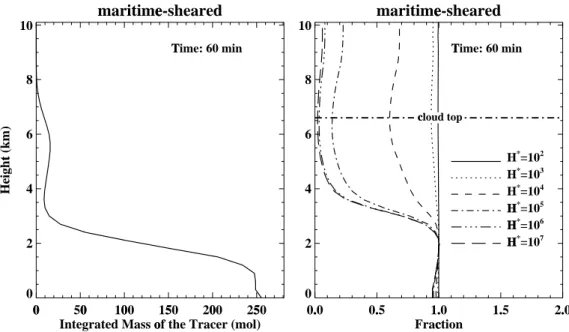Fig. 8. (a) Vertical profile of the integrated total abundance (in moles) of the insoluble tracer in the maritime-sheared simulation; (b) the abundance of soluble gases normalized to the abundance of the tracer.