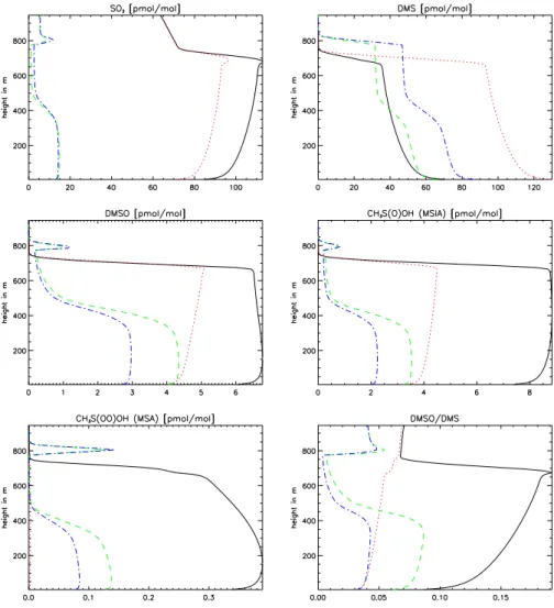 Fig. 6. Vertical profile of some sulfur species at noon on the second model day for the scenarios: “Kuk 5%, cloud-free” (black, solid line),