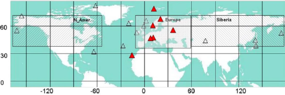 Fig. 1. Location of observation sites. Empty triangles are sites of in situ measurements in the boundary layer; red triangles designate locations of total column measurements